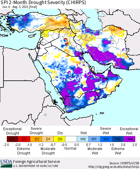 Middle East and Turkey SPI 2-Month Drought Severity (CHIRPS) Thematic Map For 6/6/2021 - 8/5/2021