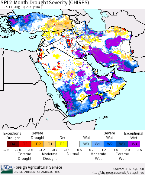Middle East and Turkey SPI 2-Month Drought Severity (CHIRPS) Thematic Map For 6/11/2021 - 8/10/2021