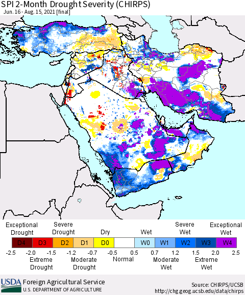 Middle East and Turkey SPI 2-Month Drought Severity (CHIRPS) Thematic Map For 6/16/2021 - 8/15/2021