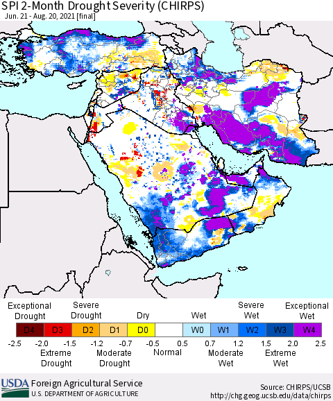 Middle East and Turkey SPI 2-Month Drought Severity (CHIRPS) Thematic Map For 6/21/2021 - 8/20/2021