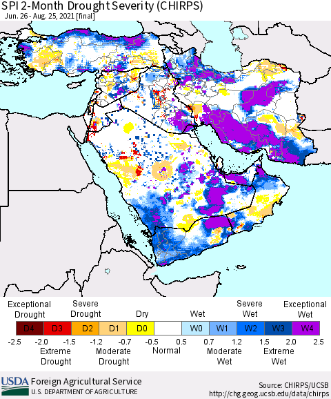 Middle East and Turkey SPI 2-Month Drought Severity (CHIRPS) Thematic Map For 6/26/2021 - 8/25/2021