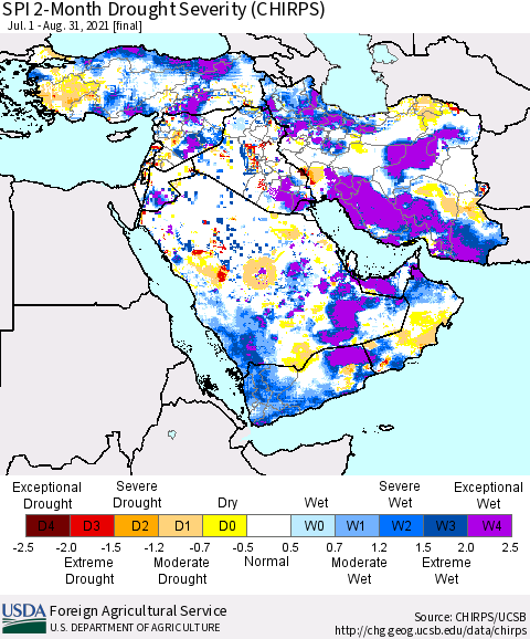Middle East and Turkey SPI 2-Month Drought Severity (CHIRPS) Thematic Map For 7/1/2021 - 8/31/2021