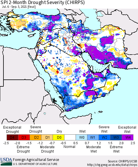 Middle East and Turkey SPI 2-Month Drought Severity (CHIRPS) Thematic Map For 7/6/2021 - 9/5/2021