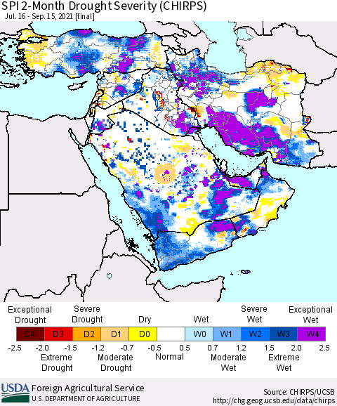 Middle East and Turkey SPI 2-Month Drought Severity (CHIRPS) Thematic Map For 7/16/2021 - 9/15/2021