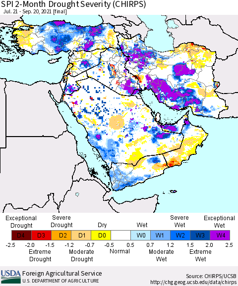 Middle East and Turkey SPI 2-Month Drought Severity (CHIRPS) Thematic Map For 7/21/2021 - 9/20/2021