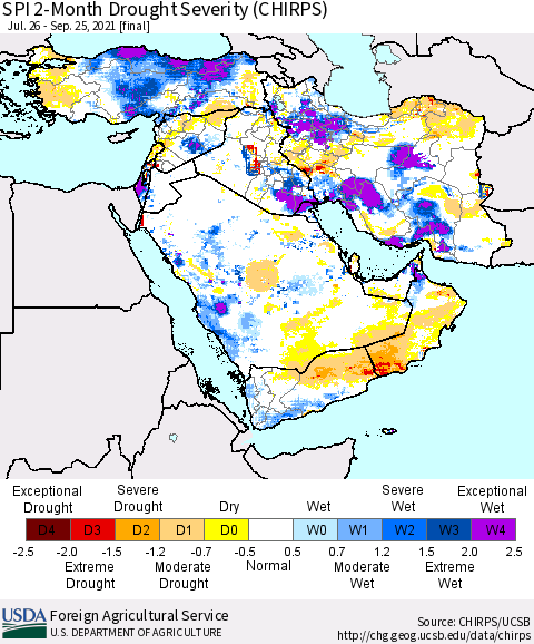 Middle East and Turkey SPI 2-Month Drought Severity (CHIRPS) Thematic Map For 7/26/2021 - 9/25/2021
