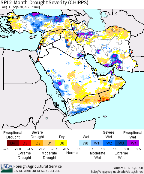 Middle East and Turkey SPI 2-Month Drought Severity (CHIRPS) Thematic Map For 8/1/2021 - 9/30/2021