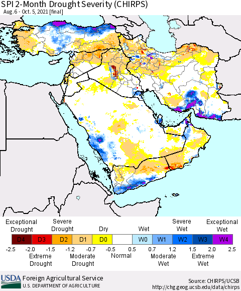 Middle East and Turkey SPI 2-Month Drought Severity (CHIRPS) Thematic Map For 8/6/2021 - 10/5/2021