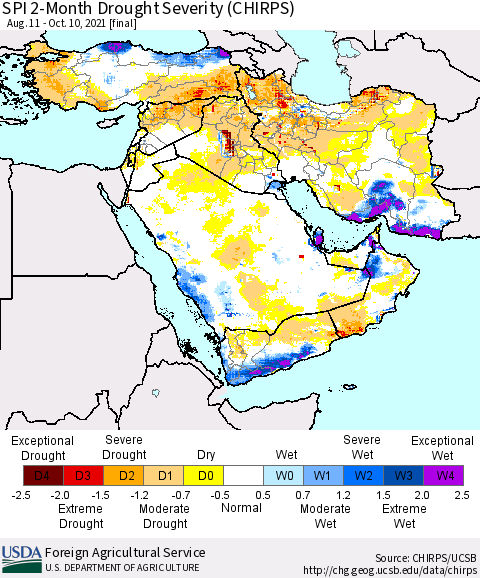 Middle East and Turkey SPI 2-Month Drought Severity (CHIRPS) Thematic Map For 8/11/2021 - 10/10/2021