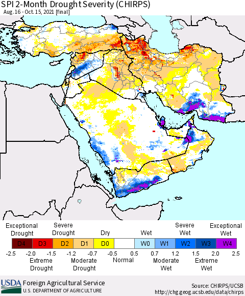 Middle East and Turkey SPI 2-Month Drought Severity (CHIRPS) Thematic Map For 8/16/2021 - 10/15/2021