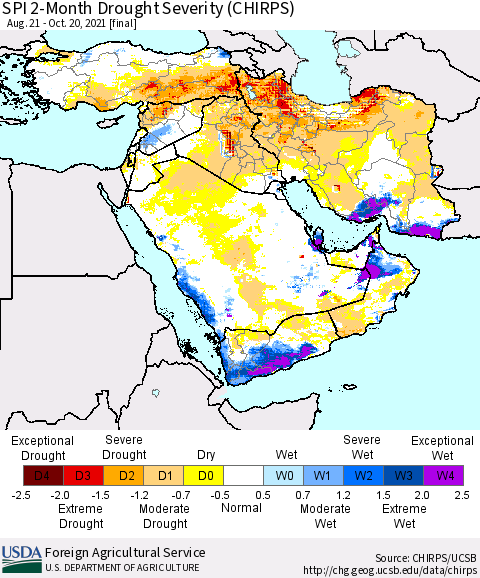 Middle East and Turkey SPI 2-Month Drought Severity (CHIRPS) Thematic Map For 8/21/2021 - 10/20/2021