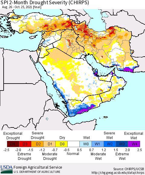 Middle East and Turkey SPI 2-Month Drought Severity (CHIRPS) Thematic Map For 8/26/2021 - 10/25/2021