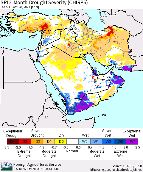 Middle East and Turkey SPI 2-Month Drought Severity (CHIRPS) Thematic Map For 9/1/2021 - 10/31/2021