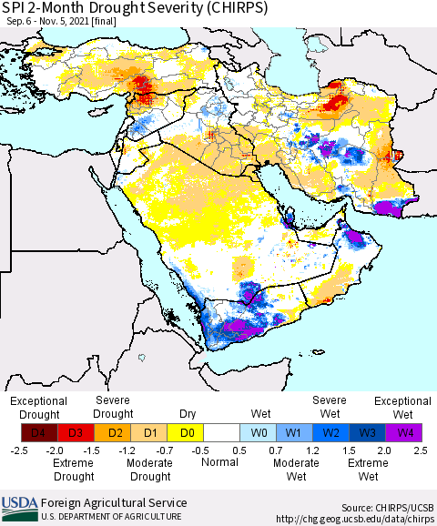 Middle East and Turkey SPI 2-Month Drought Severity (CHIRPS) Thematic Map For 9/6/2021 - 11/5/2021
