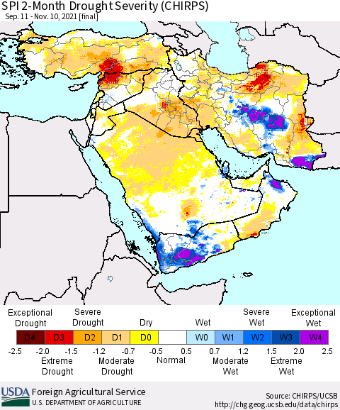 Middle East and Turkey SPI 2-Month Drought Severity (CHIRPS) Thematic Map For 9/11/2021 - 11/10/2021