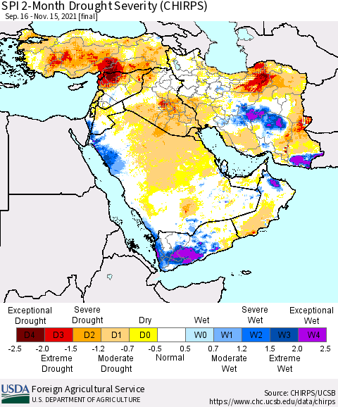Middle East and Turkey SPI 2-Month Drought Severity (CHIRPS) Thematic Map For 9/16/2021 - 11/15/2021