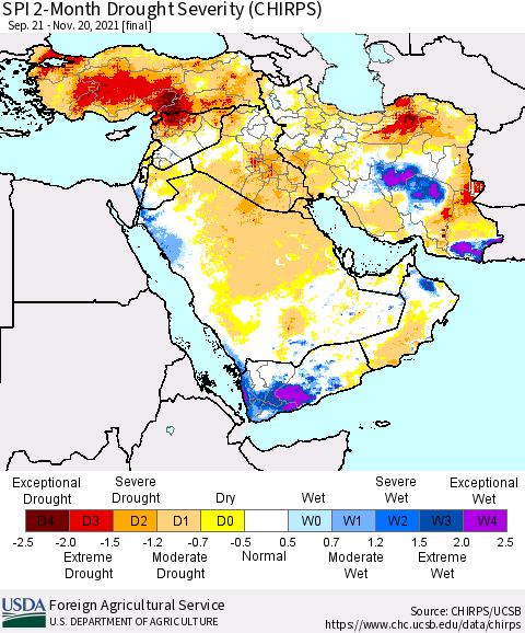 Middle East and Turkey SPI 2-Month Drought Severity (CHIRPS) Thematic Map For 9/21/2021 - 11/20/2021