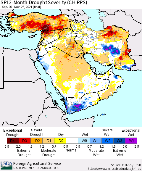 Middle East and Turkey SPI 2-Month Drought Severity (CHIRPS) Thematic Map For 9/26/2021 - 11/25/2021