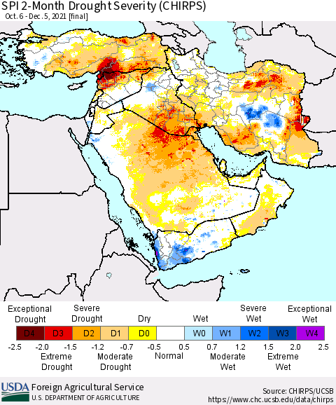 Middle East and Turkey SPI 2-Month Drought Severity (CHIRPS) Thematic Map For 10/6/2021 - 12/5/2021