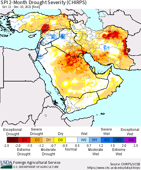 Middle East and Turkey SPI 2-Month Drought Severity (CHIRPS) Thematic Map For 10/11/2021 - 12/10/2021