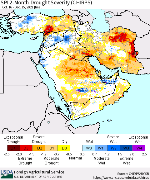 Middle East and Turkey SPI 2-Month Drought Severity (CHIRPS) Thematic Map For 10/16/2021 - 12/15/2021