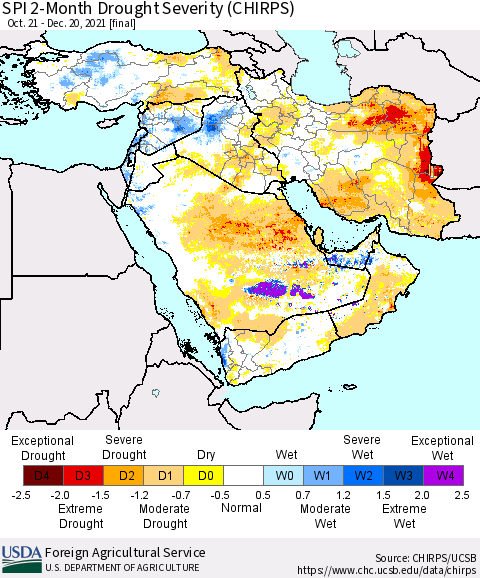 Middle East and Turkey SPI 2-Month Drought Severity (CHIRPS) Thematic Map For 10/21/2021 - 12/20/2021