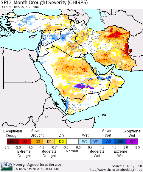 Middle East and Turkey SPI 2-Month Drought Severity (CHIRPS) Thematic Map For 10/26/2021 - 12/25/2021