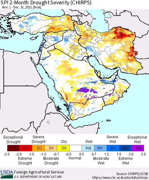 Middle East and Turkey SPI 2-Month Drought Severity (CHIRPS) Thematic Map For 11/1/2021 - 12/31/2021