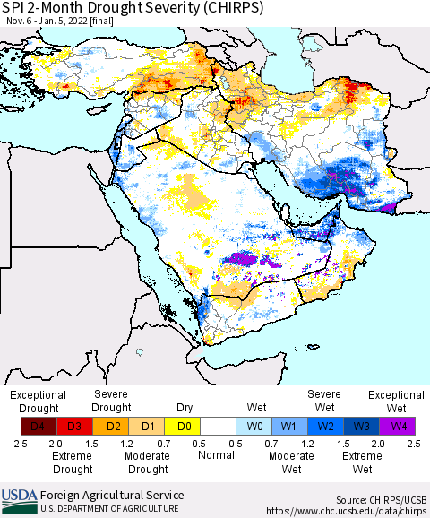 Middle East and Turkey SPI 2-Month Drought Severity (CHIRPS) Thematic Map For 11/6/2021 - 1/5/2022