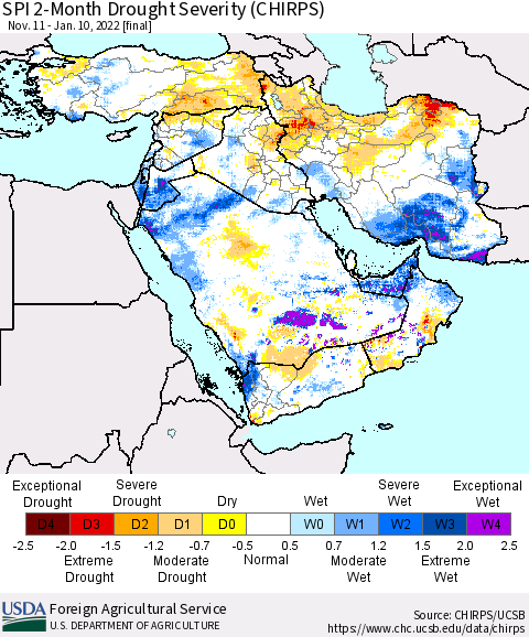 Middle East and Turkey SPI 2-Month Drought Severity (CHIRPS) Thematic Map For 11/11/2021 - 1/10/2022