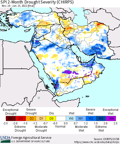 Middle East and Turkey SPI 2-Month Drought Severity (CHIRPS) Thematic Map For 11/16/2021 - 1/15/2022