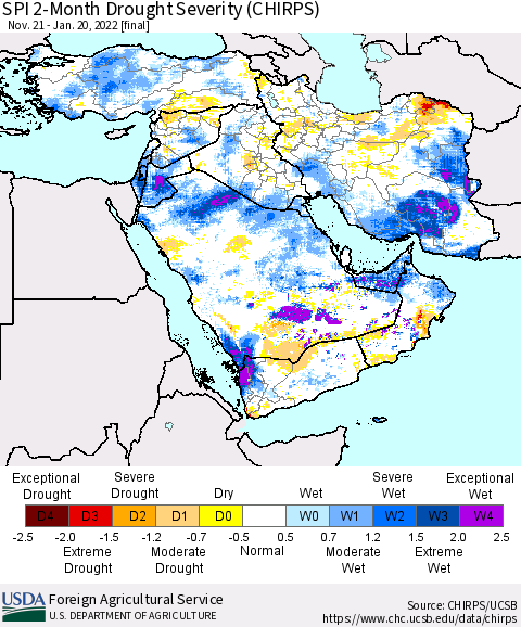 Middle East and Turkey SPI 2-Month Drought Severity (CHIRPS) Thematic Map For 11/21/2021 - 1/20/2022