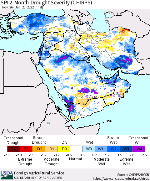 Middle East and Turkey SPI 2-Month Drought Severity (CHIRPS) Thematic Map For 11/26/2021 - 1/25/2022