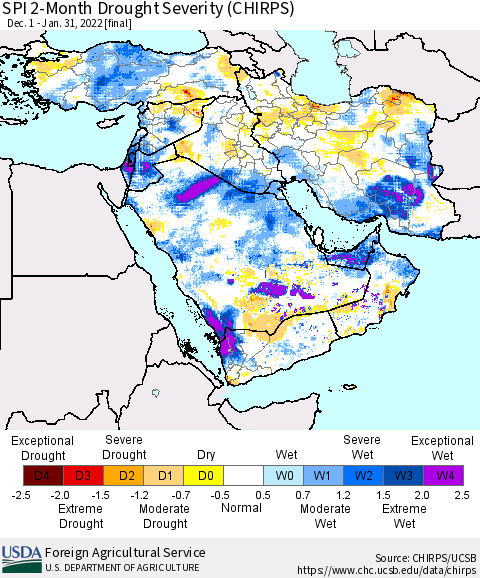 Middle East and Turkey SPI 2-Month Drought Severity (CHIRPS) Thematic Map For 12/1/2021 - 1/31/2022