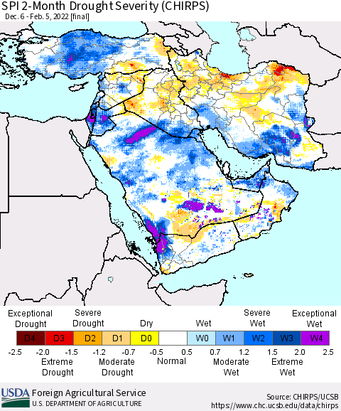 Middle East and Turkey SPI 2-Month Drought Severity (CHIRPS) Thematic Map For 12/6/2021 - 2/5/2022