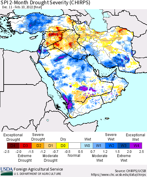Middle East and Turkey SPI 2-Month Drought Severity (CHIRPS) Thematic Map For 12/11/2021 - 2/10/2022