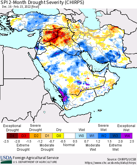 Middle East and Turkey SPI 2-Month Drought Severity (CHIRPS) Thematic Map For 12/16/2021 - 2/15/2022