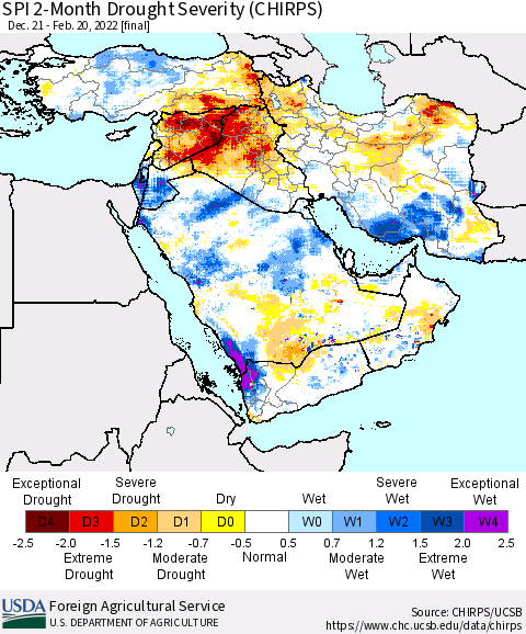 Middle East and Turkey SPI 2-Month Drought Severity (CHIRPS) Thematic Map For 12/21/2021 - 2/20/2022