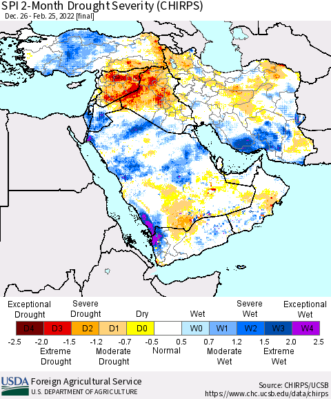 Middle East and Turkey SPI 2-Month Drought Severity (CHIRPS) Thematic Map For 12/26/2021 - 2/25/2022