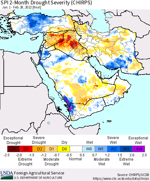 Middle East and Turkey SPI 2-Month Drought Severity (CHIRPS) Thematic Map For 1/1/2022 - 2/28/2022