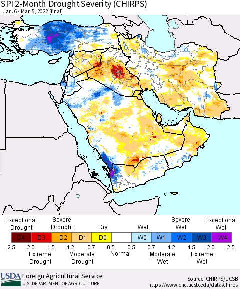 Middle East and Turkey SPI 2-Month Drought Severity (CHIRPS) Thematic Map For 1/6/2022 - 3/5/2022