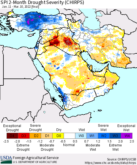 Middle East and Turkey SPI 2-Month Drought Severity (CHIRPS) Thematic Map For 1/11/2022 - 3/10/2022