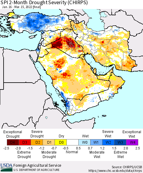 Middle East and Turkey SPI 2-Month Drought Severity (CHIRPS) Thematic Map For 1/16/2022 - 3/15/2022