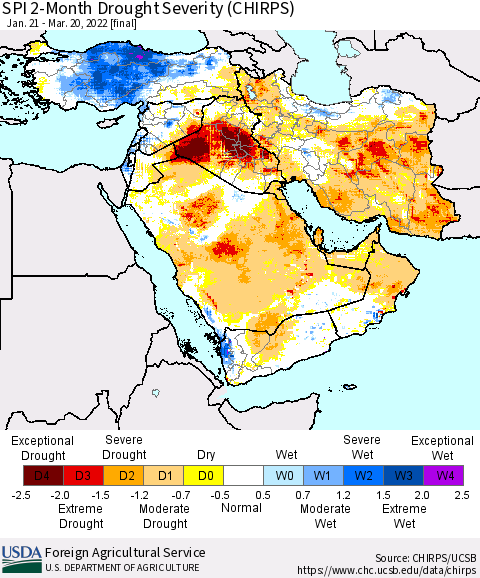Middle East and Turkey SPI 2-Month Drought Severity (CHIRPS) Thematic Map For 1/21/2022 - 3/20/2022