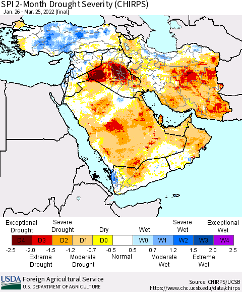 Middle East and Turkey SPI 2-Month Drought Severity (CHIRPS) Thematic Map For 1/26/2022 - 3/25/2022