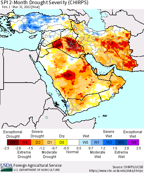 Middle East and Turkey SPI 2-Month Drought Severity (CHIRPS) Thematic Map For 2/1/2022 - 3/31/2022