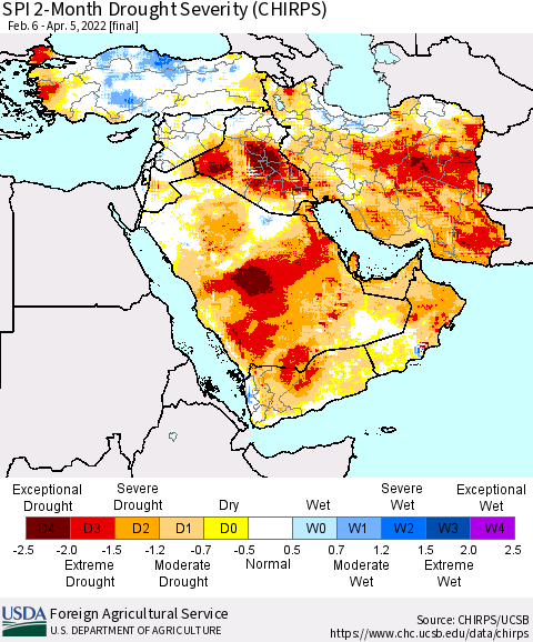 Middle East and Turkey SPI 2-Month Drought Severity (CHIRPS) Thematic Map For 2/6/2022 - 4/5/2022
