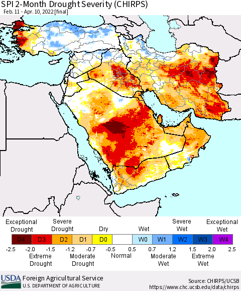 Middle East and Turkey SPI 2-Month Drought Severity (CHIRPS) Thematic Map For 2/11/2022 - 4/10/2022