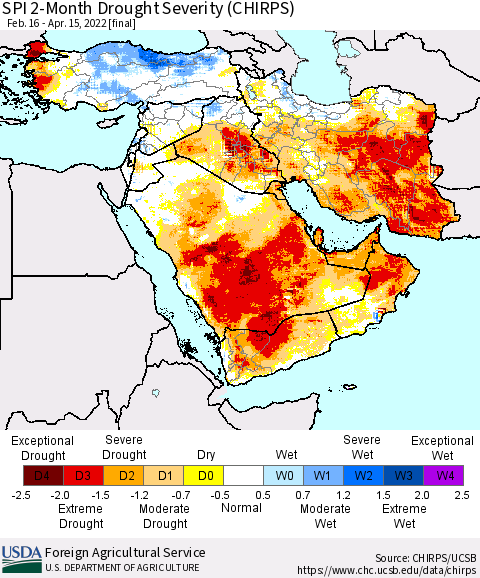 Middle East and Turkey SPI 2-Month Drought Severity (CHIRPS) Thematic Map For 2/16/2022 - 4/15/2022