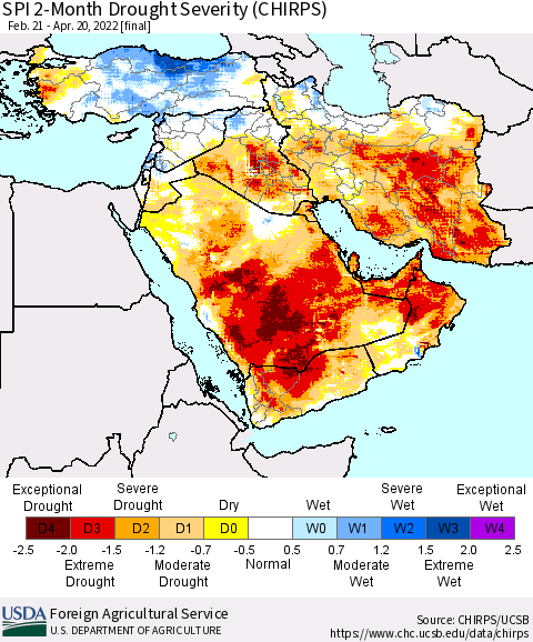 Middle East and Turkey SPI 2-Month Drought Severity (CHIRPS) Thematic Map For 2/21/2022 - 4/20/2022